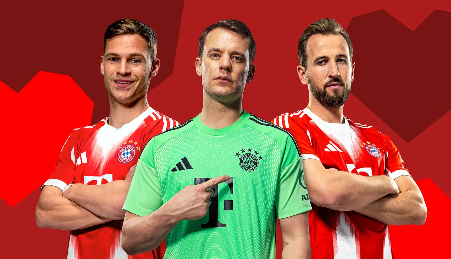 Three football players from Bayern Munich are standing side by side. The player in the middle is wearing a green goalkeeper jersey, while the others wear red jerseys. They have confident expressions and are posing with their arms crossed, set against a vibrant red background.