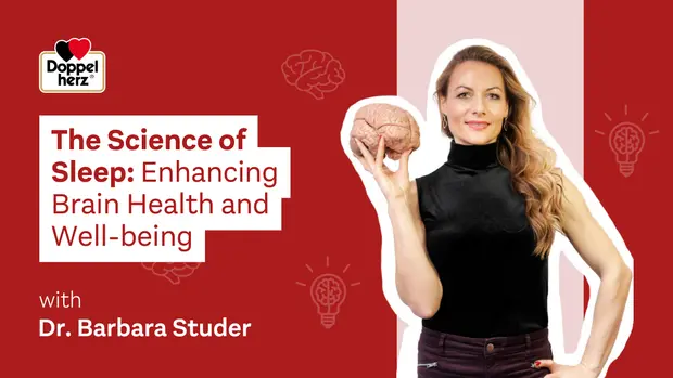 صورة توضيحية لدكتورة باربرا ستودر، تحمل نموذجًا لدماغ بشري، مع عنوان يدعو لاستكشاف علم النوم وتحسين صحة الدماغ والرفاهية. يتميز التصميم بألوان زاهية ورموز لقضايا تتعلق بالصحة العقلية.